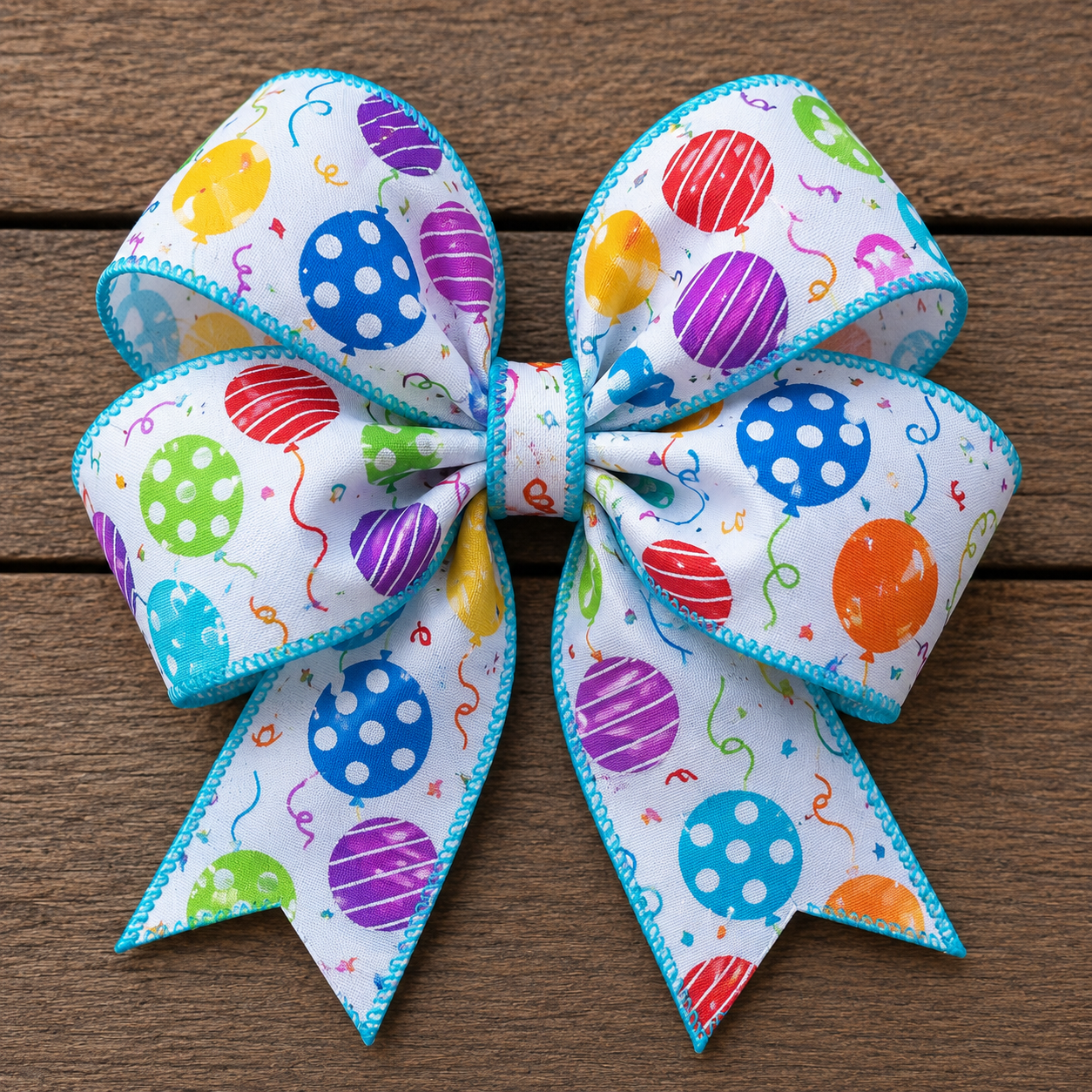 Birthday Wishes Balloon Ribbon – White with Multi-Coloured Balloons & Turquoise Edge