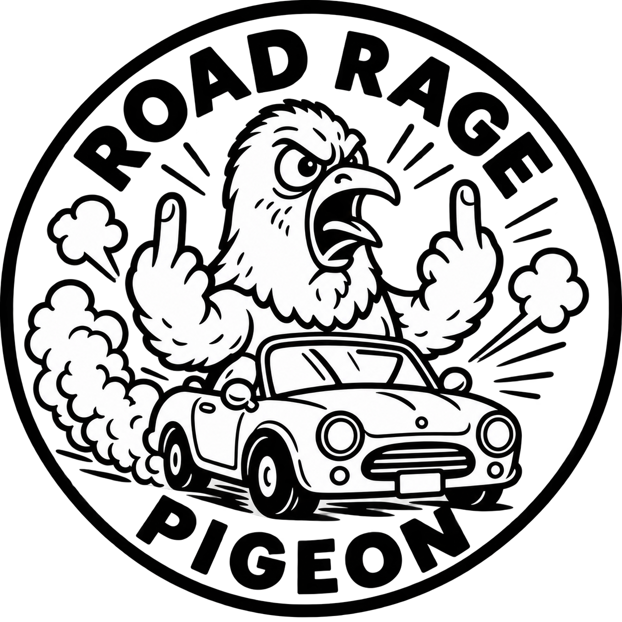Road Rage Pigeon fuel cap decal - black and white circular design featuring an angry pigeon driving a car