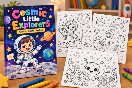 Cosmic Little Explorers colouring book cover and sample-page previews