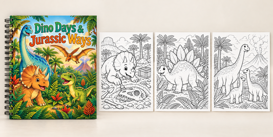 Spiral-bound colouring book preview: Dino Days & Jurassic Ways