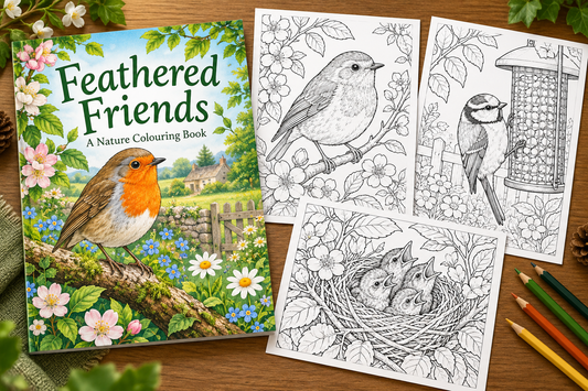 Feathered Friends colouring book cover and sample-page previews