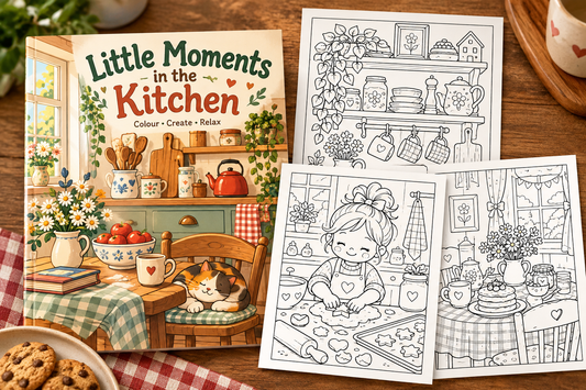 Little Moments in the Kitchen colouring book cover and sample-page previews