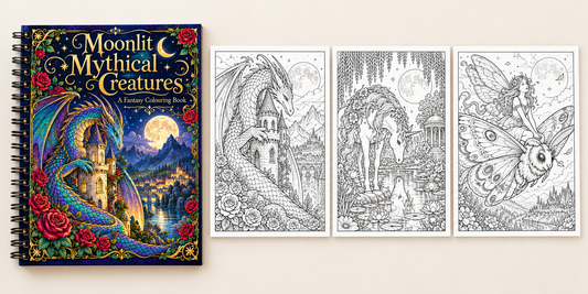 Spiral-bound colouring book preview: Moonlit Mythical Creatures