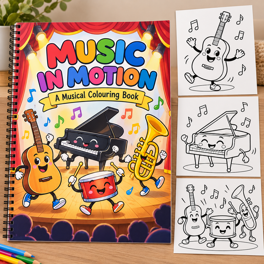 Music in Motion cover with three musical colouring page previews