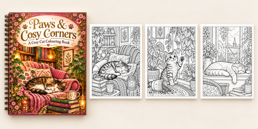 Spiral-bound colouring book preview: Paws & Cosy Corners