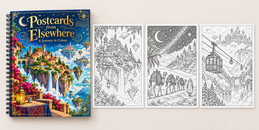 Spiral-bound colouring book preview: Postcards from Elsewhere