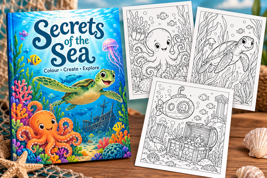 Secrets of the Sea colouring book cover and sample-page previews