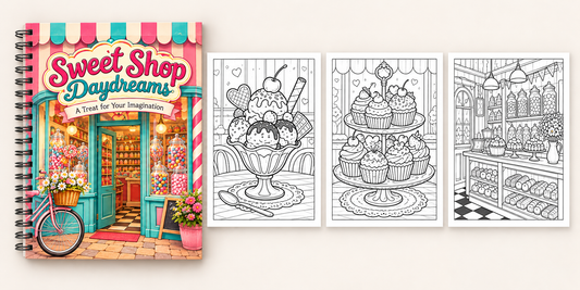 Spiral-bound colouring book preview: Sweet Shop Daydreams: A Retro Treats Colouring Book