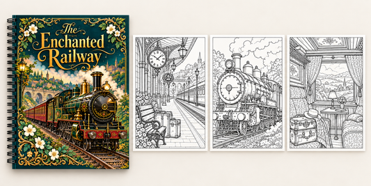 Spiral-bound colouring book preview: The Enchanted Railway