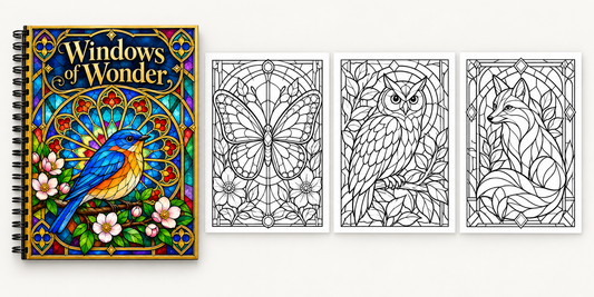 Spiral-bound colouring book preview: Windows of Wonder